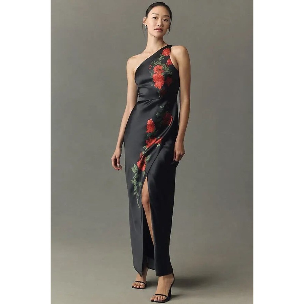 BHLDN Dylan Black One Shoulder Floral Rose Maxi Dress Gown Size 22W